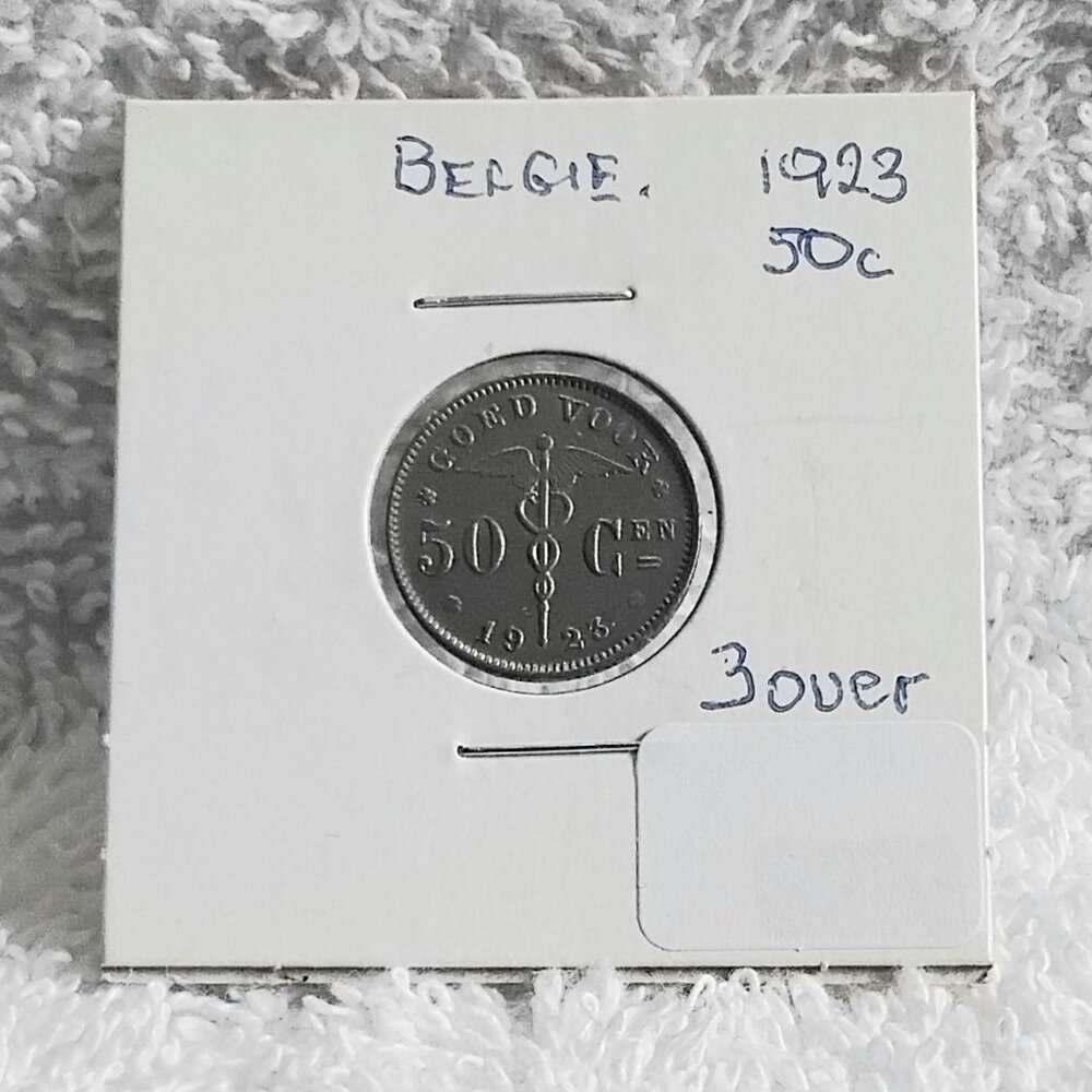 Circulated 1923 Belgian 50 Centimes Small 3 Over Coin Made of Nickel!!